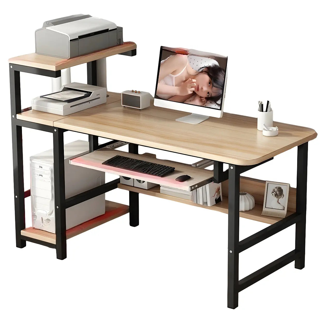 Natural Wood H-Shape Shelving Computer Desk