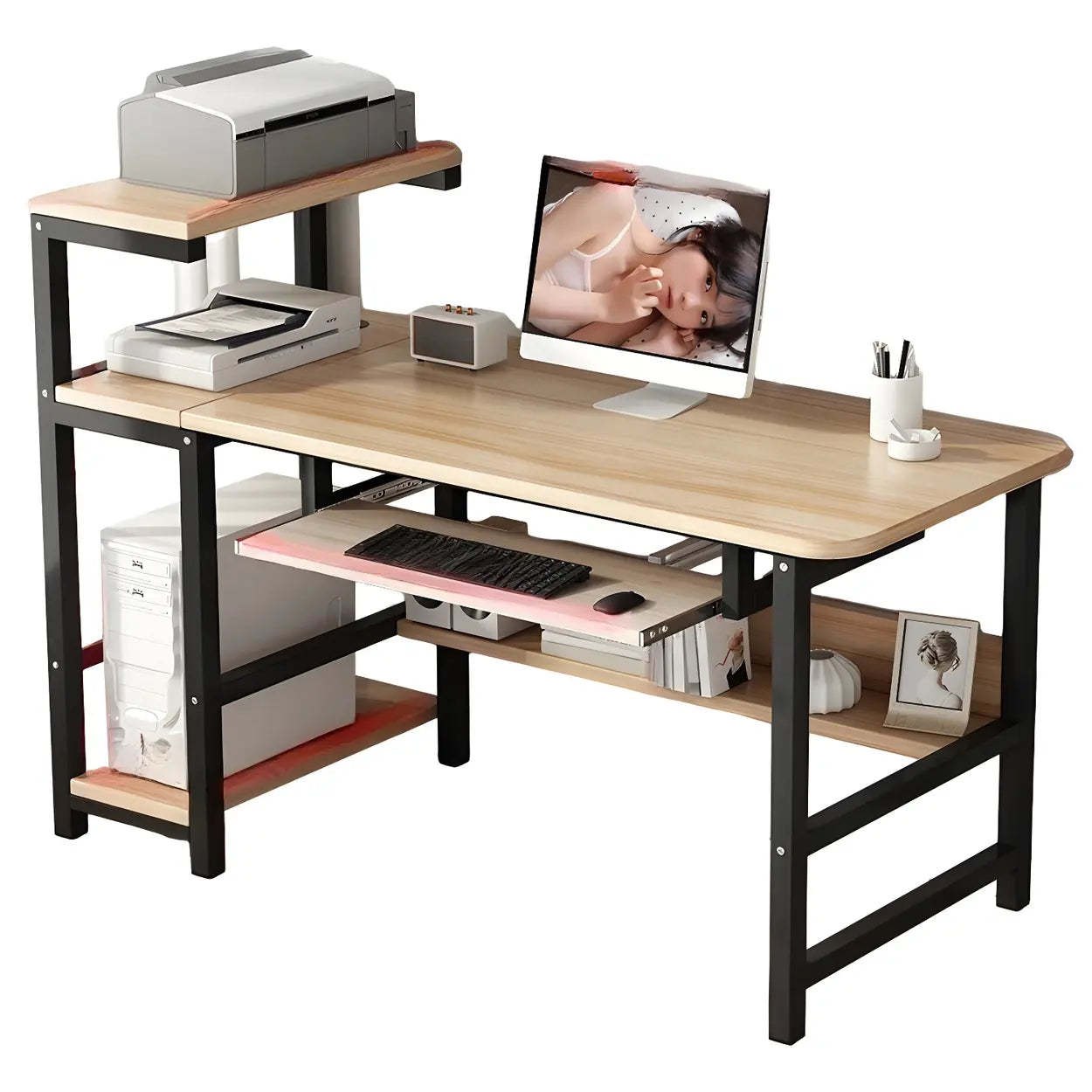 Natural Wood H-Shape Shelving Computer Desk