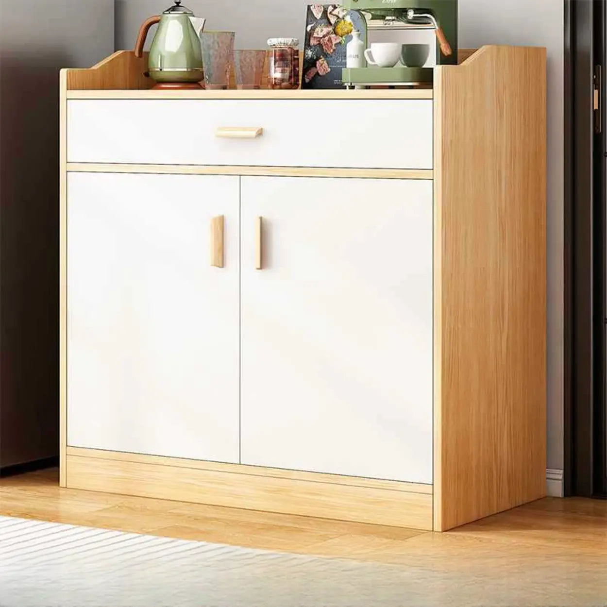 Natural Wood White Cabinet Shelf Open Sideboard — Natural/ White