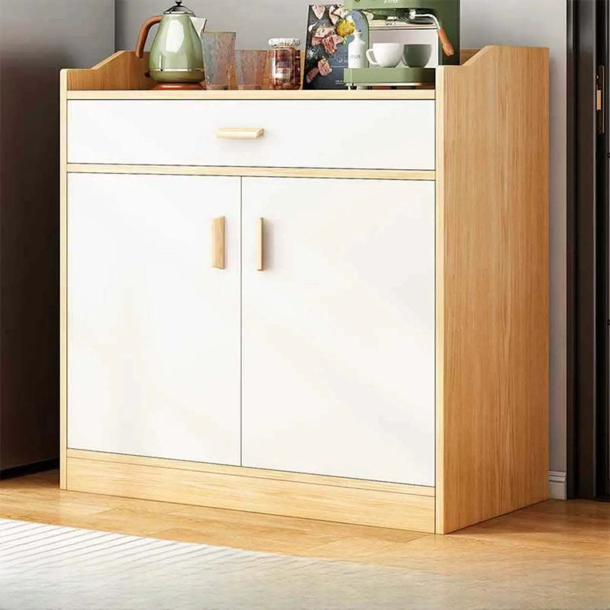 Natural Wood White Cabinet Shelf Open Sideboard — Natural/ White