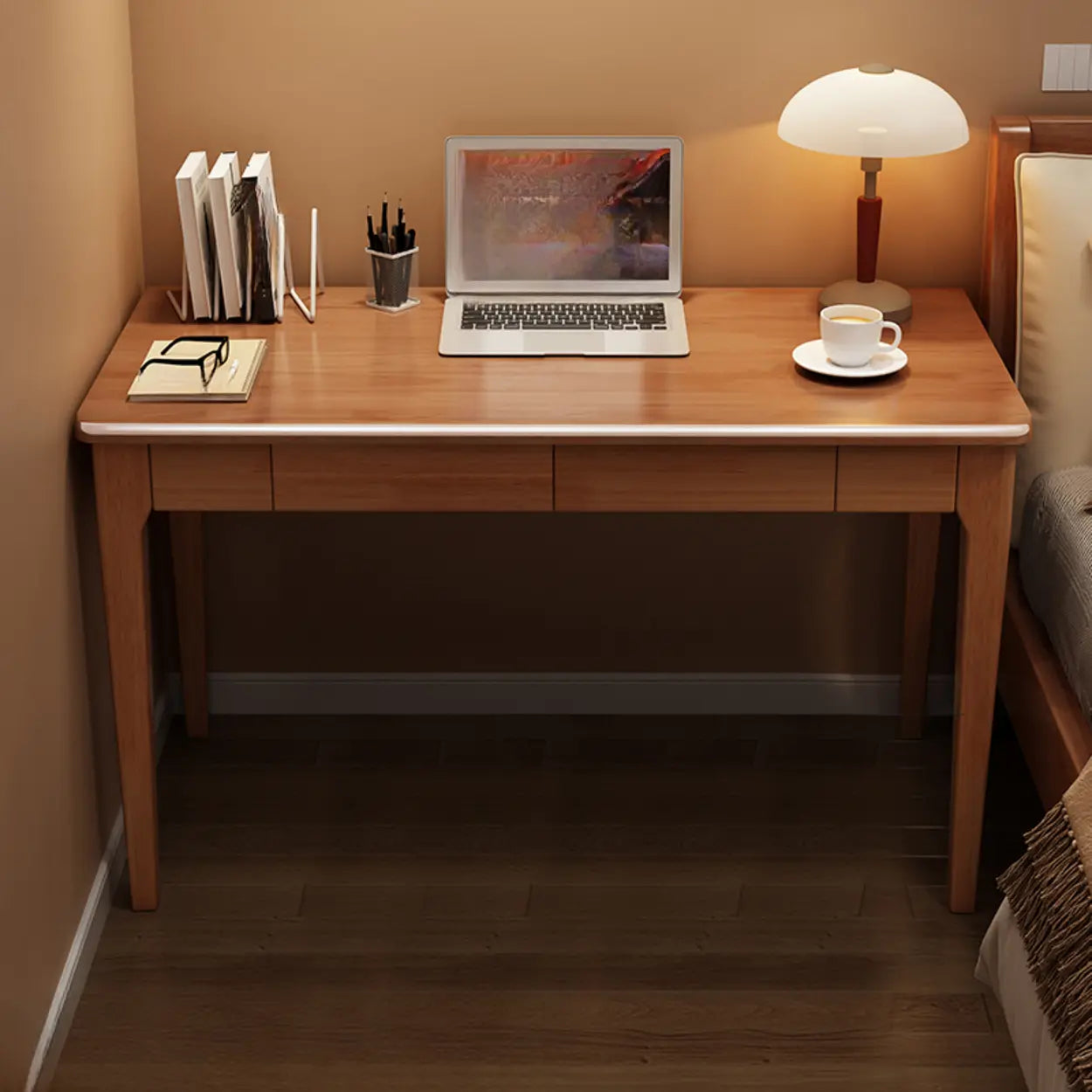 Natural Wood Butcher Block Writing Desk with Drawers — White / Table Only