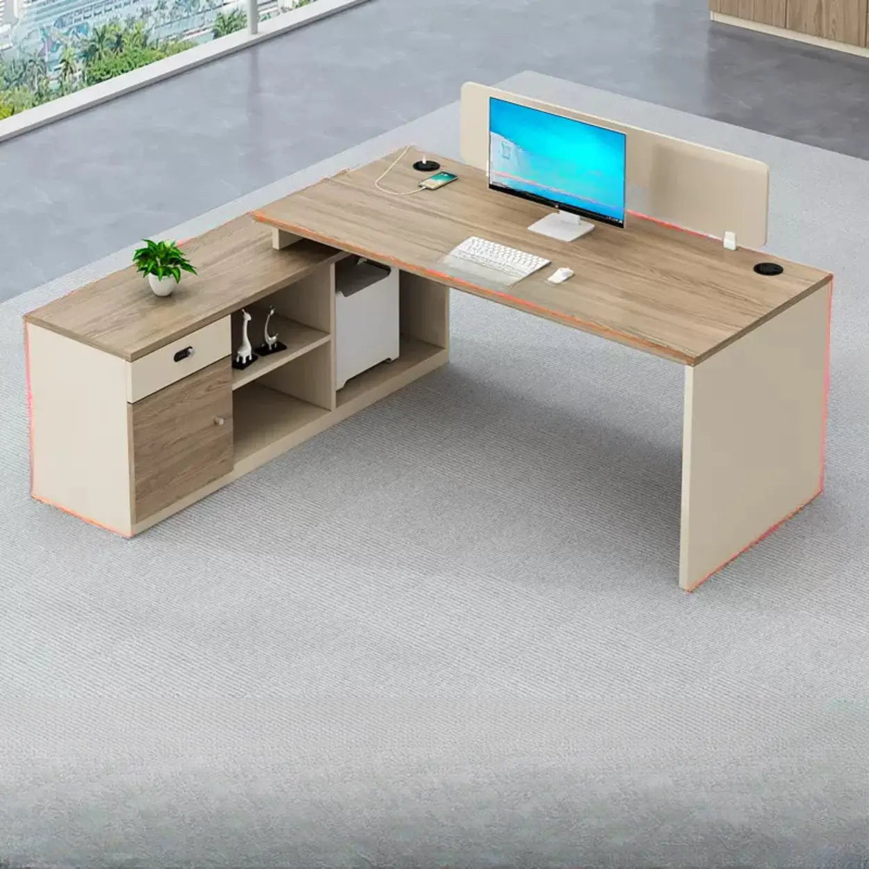 Natural Wood Drawer Hutch L-Shape Writing Desk