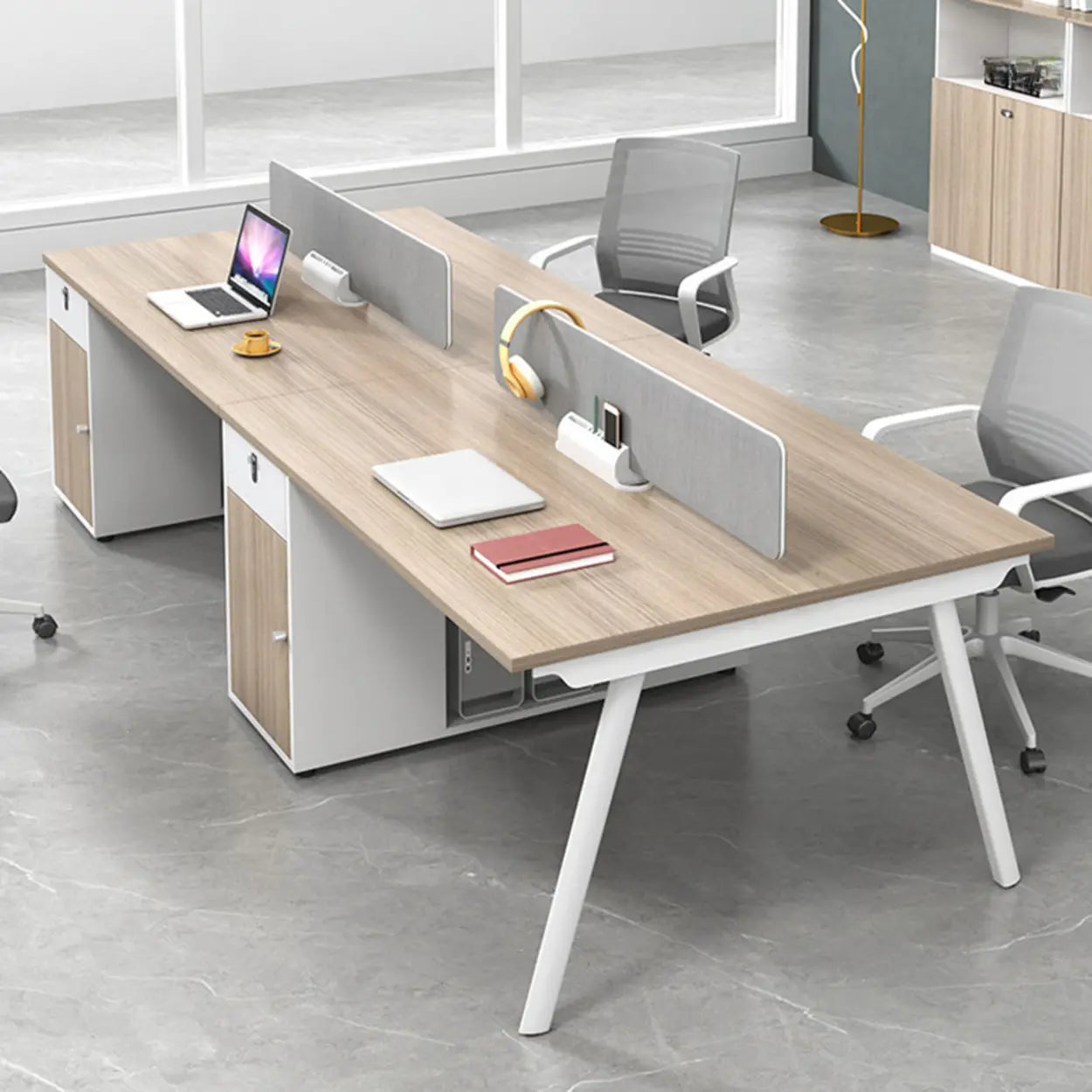 Natural Wood Multi-Person Computer Desk with Drawers — Table Only