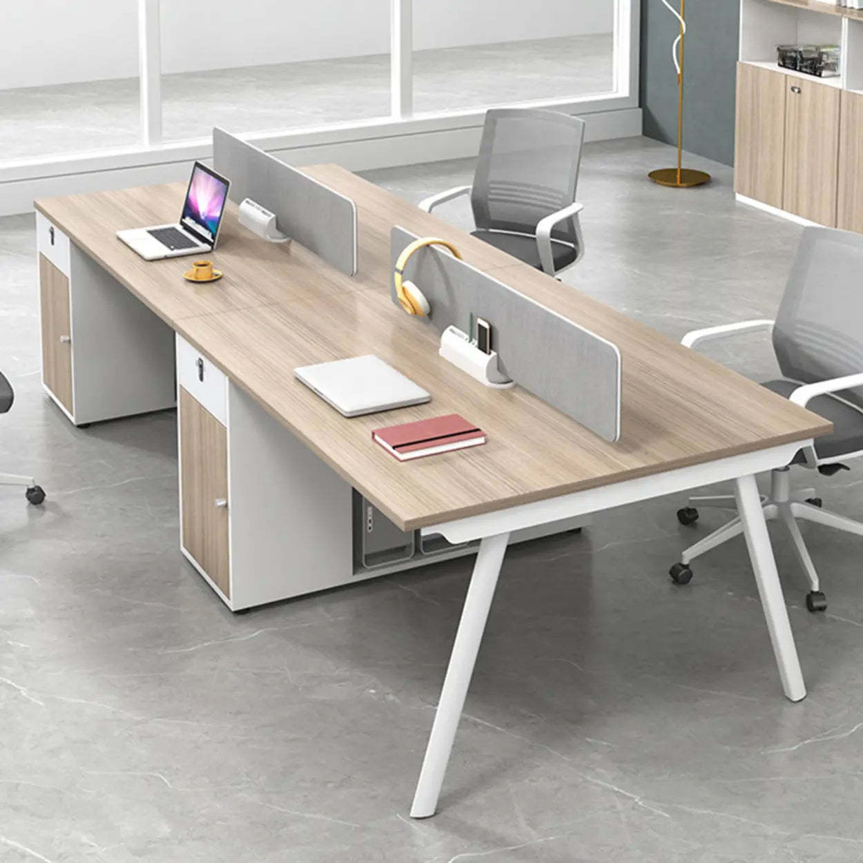 Natural Wood Multi-Person Computer Desk with Drawers — Table Only