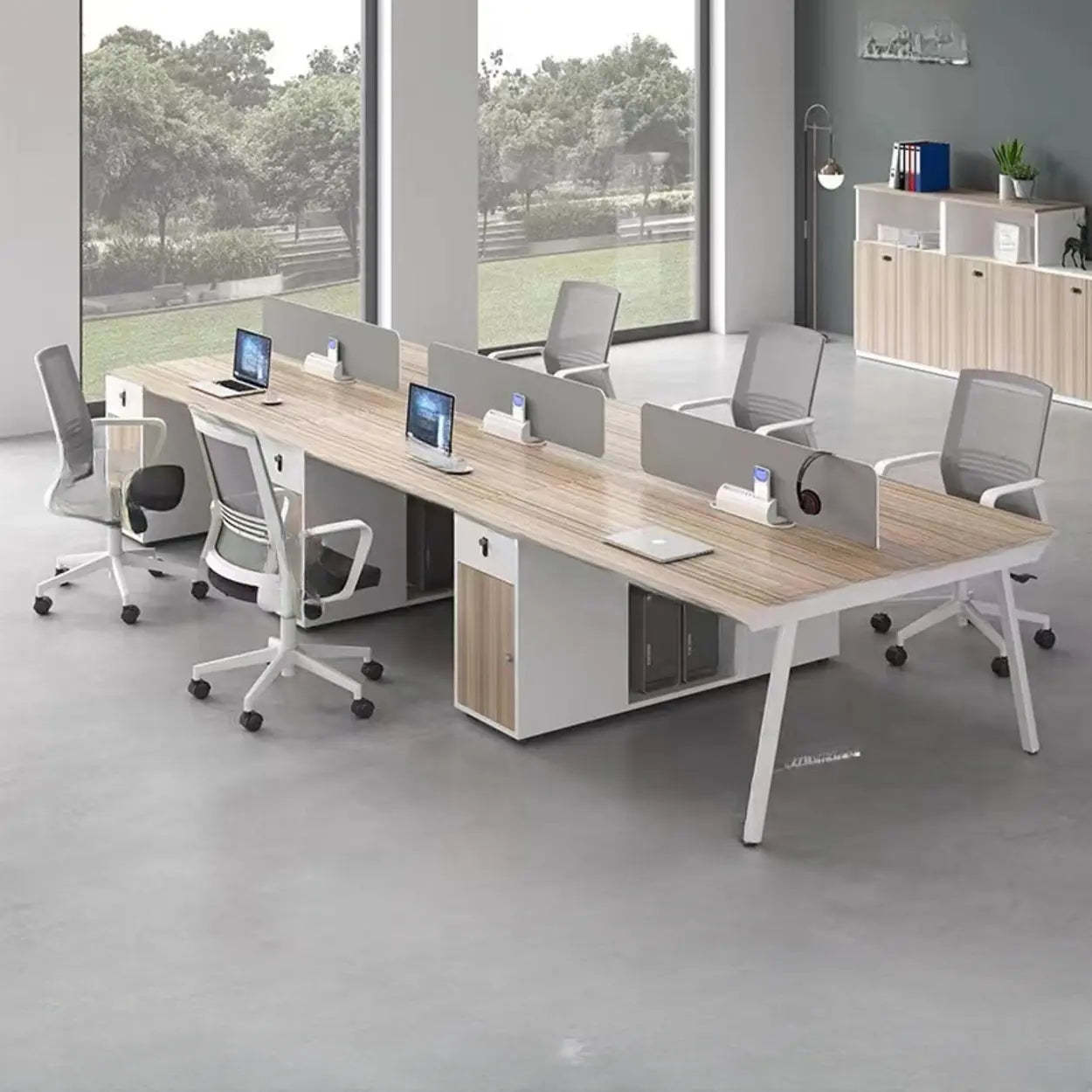 Natural Wood Multi-Person Computer Desk with Drawers — Table Only