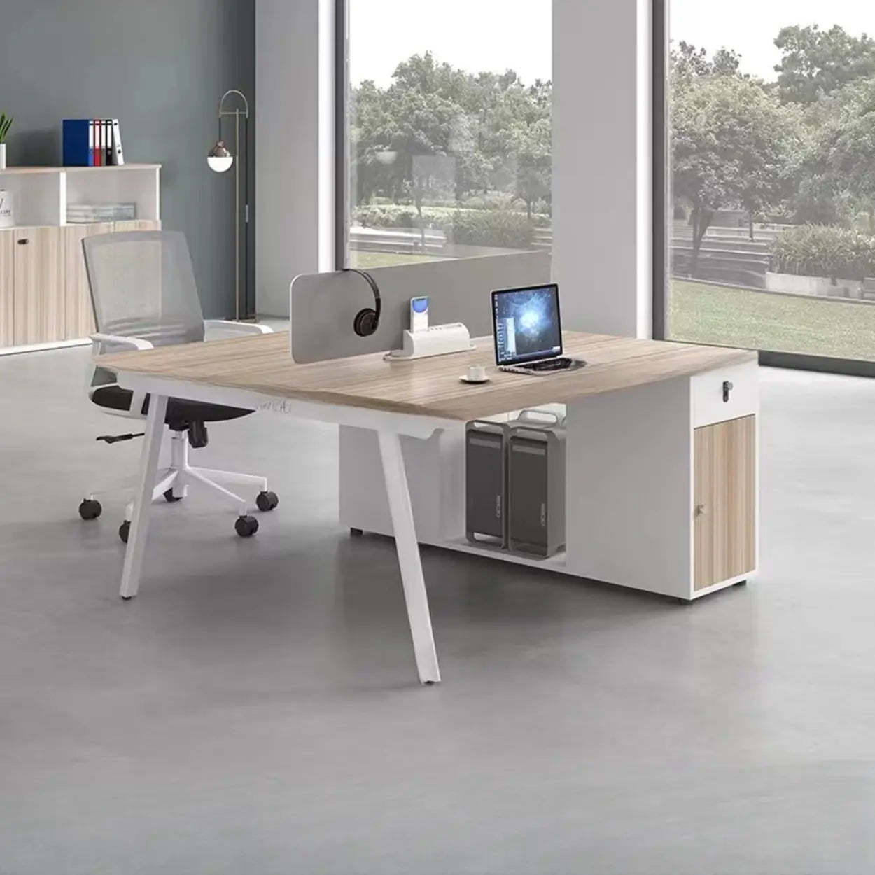Modern drawers multi-person desks in wood — 47.2" L x 47.2" W x 29.5" H