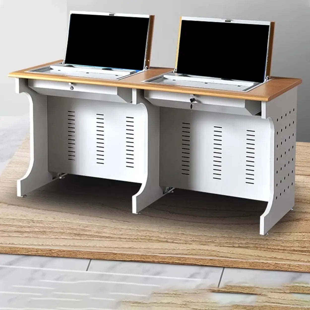 Natural White Wood Sled-Base Double Computer Desk