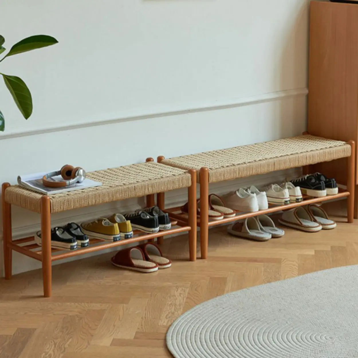 Woven Entryway Bench with Shoe Storage