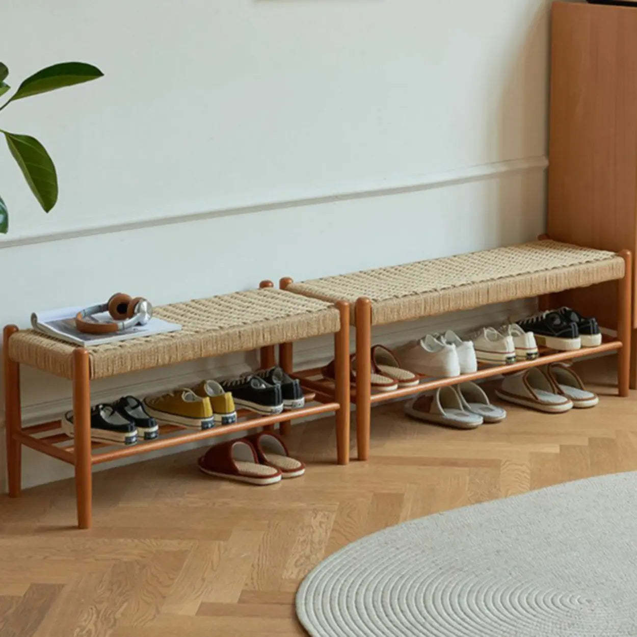 Woven Entryway Bench with Shoe Storage