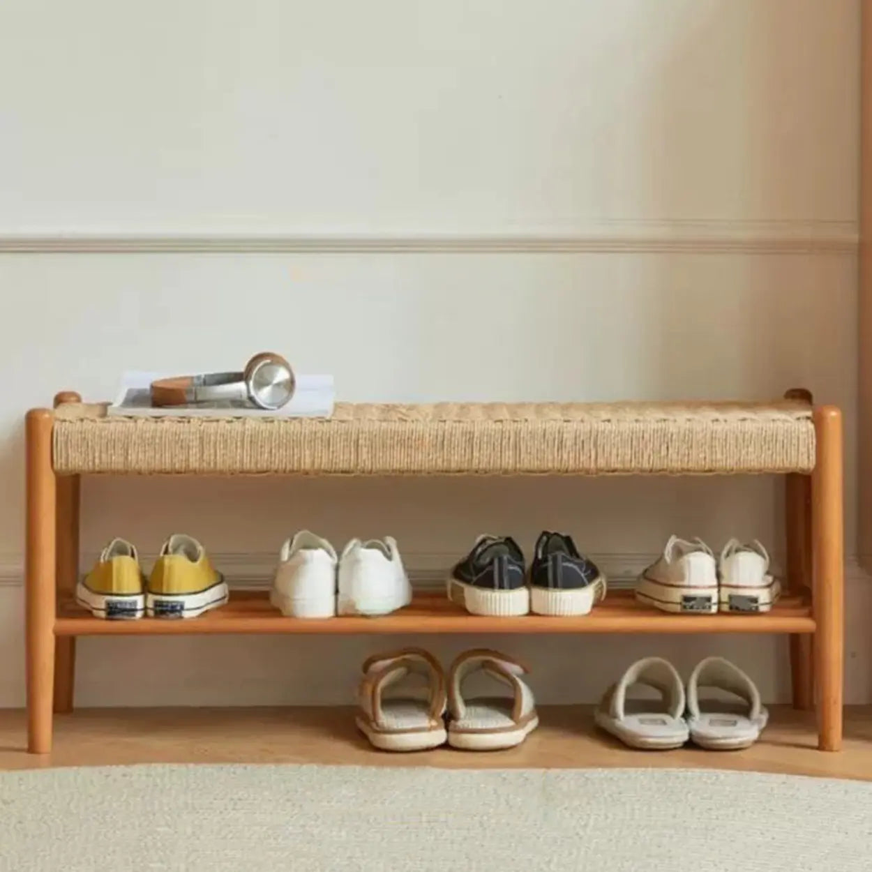Woven Entryway Bench with Shoe Storage