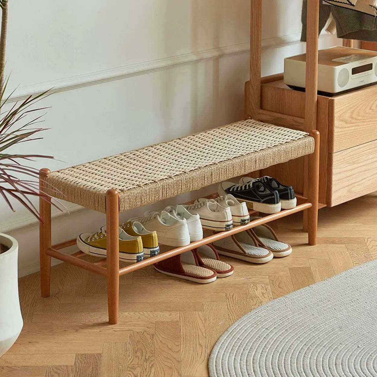 Lighom modern woven storage natural shoe benches in rattan — 39"L x 13"W x 16"H