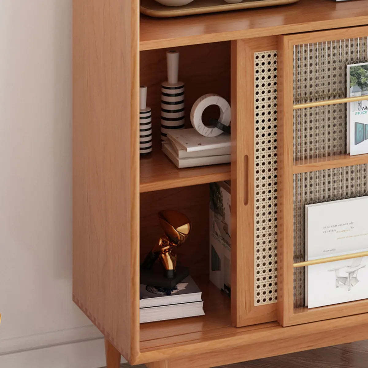 Nordic Brown Rattan Wood China Cabinet