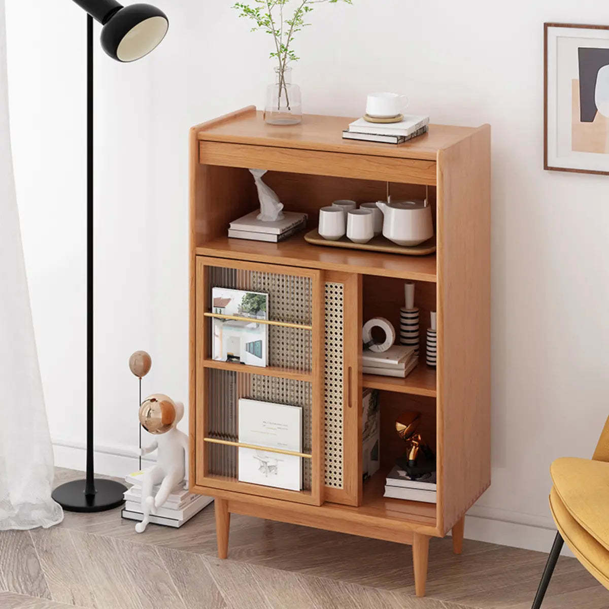 Nordic Brown Rattan Wood China Cabinet — Glass / Led Lights Included