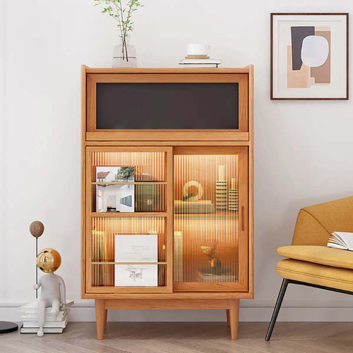 Nordic Brown Rattan Wood China Cabinet — Glass / Led Lights Not Included
