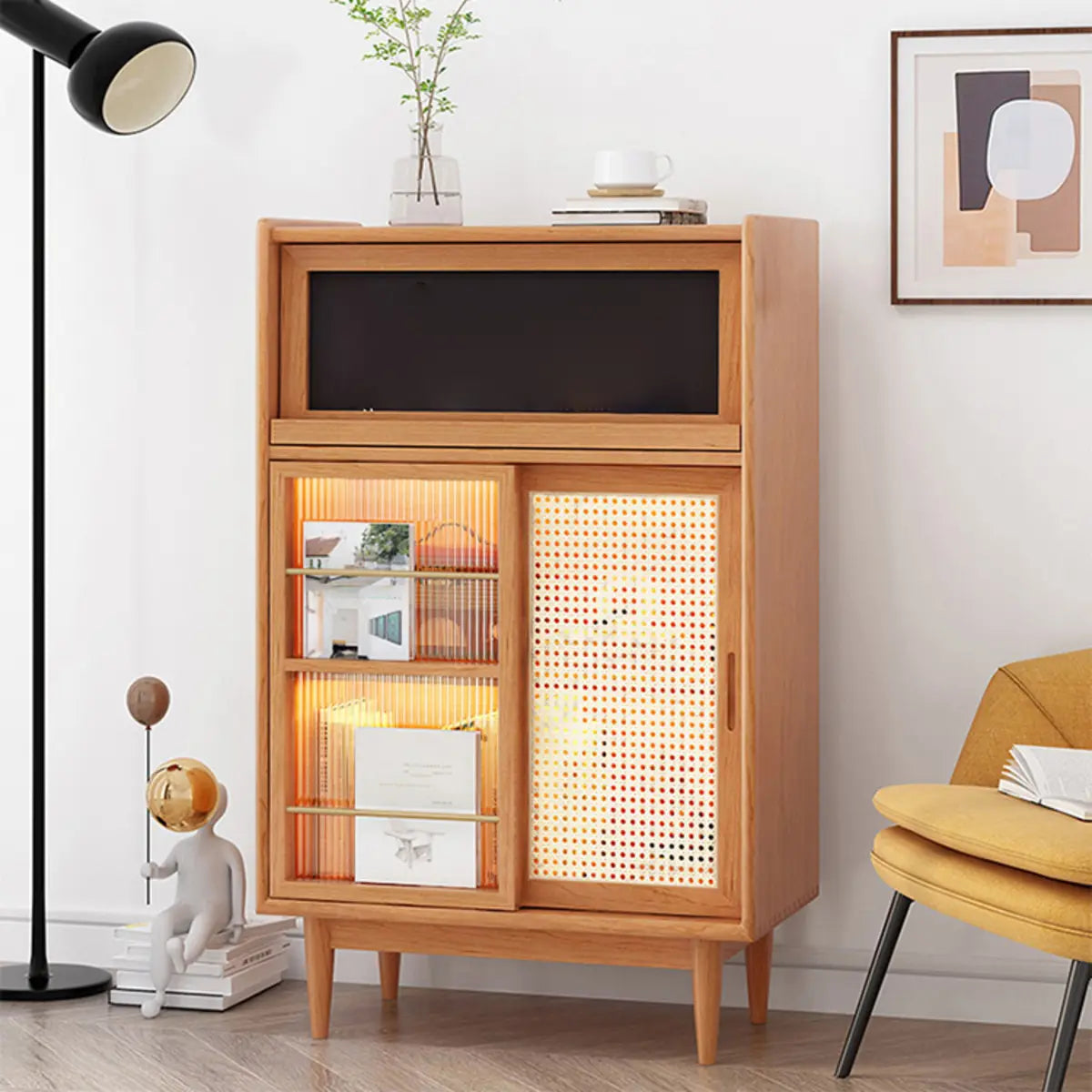 Nordic Brown Rattan Wood China Cabinet — Wicker & Rattan / Led Lights Included