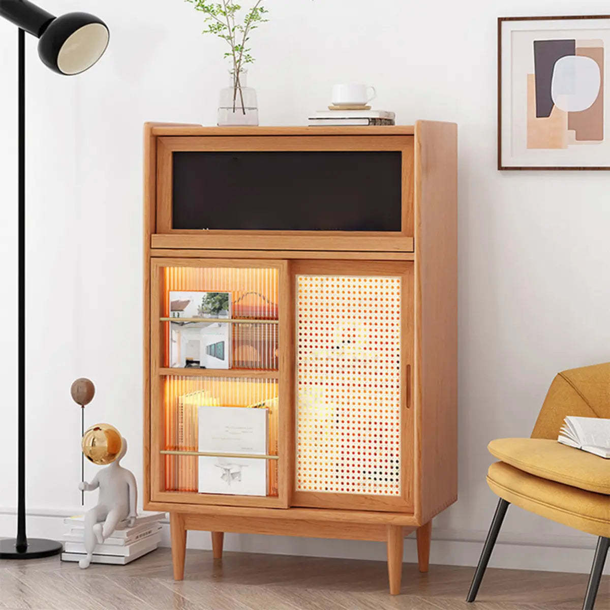 Nordic Brown Rattan Wood China Cabinet — Wicker & Rattan / Led Lights Included