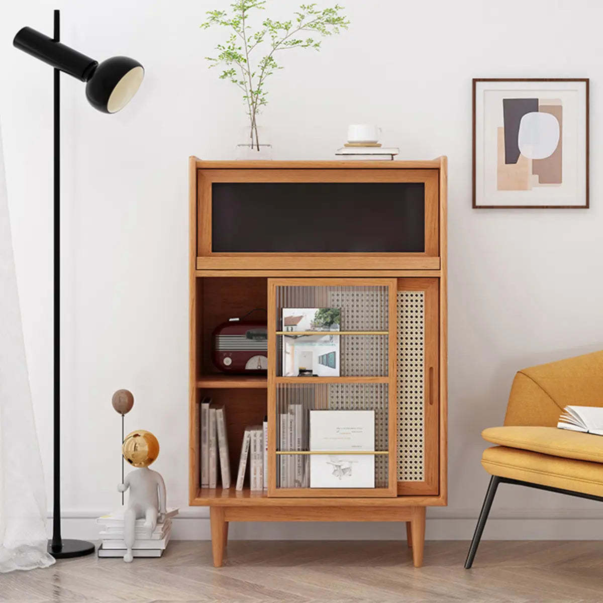 Nordic Brown Rattan Wood China Cabinet — Wicker & Rattan / Led Lights Not Included