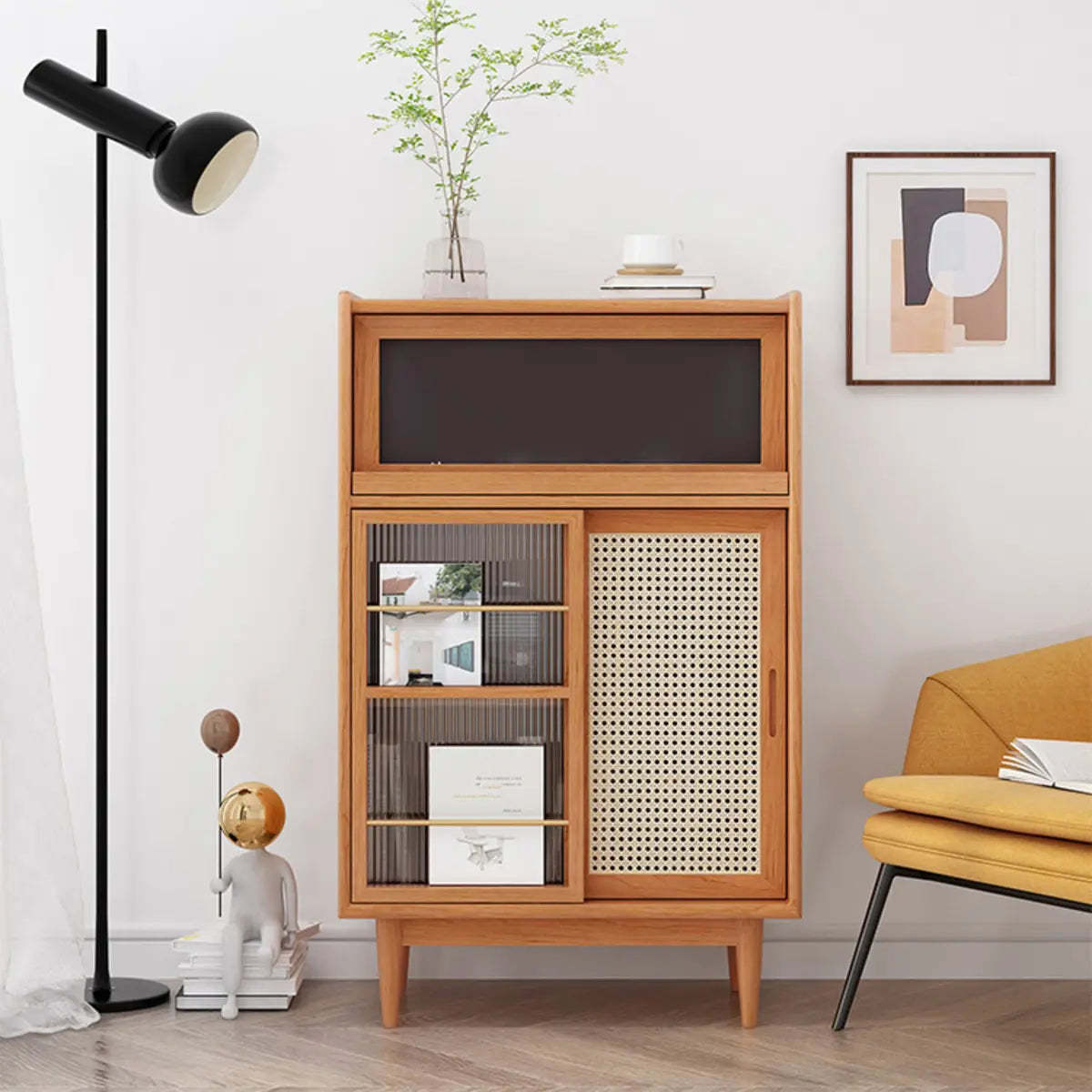 Nordic Brown Rattan Wood China Cabinet