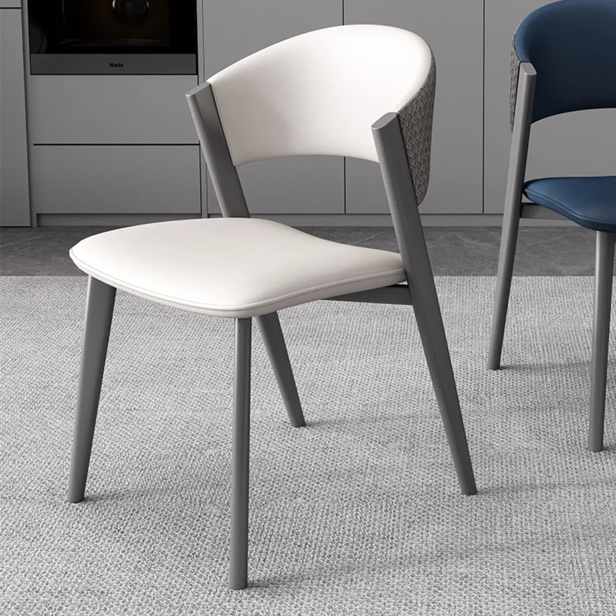 Nordic Curved Open-Back Faux Leather Dining Chair — Dark Blue / Gray