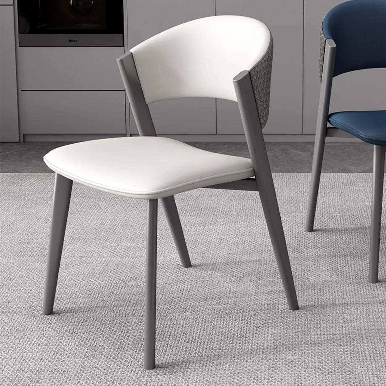 Nordic Curved Open-Back Faux Leather Dining Chair — Dark Blue / Gray