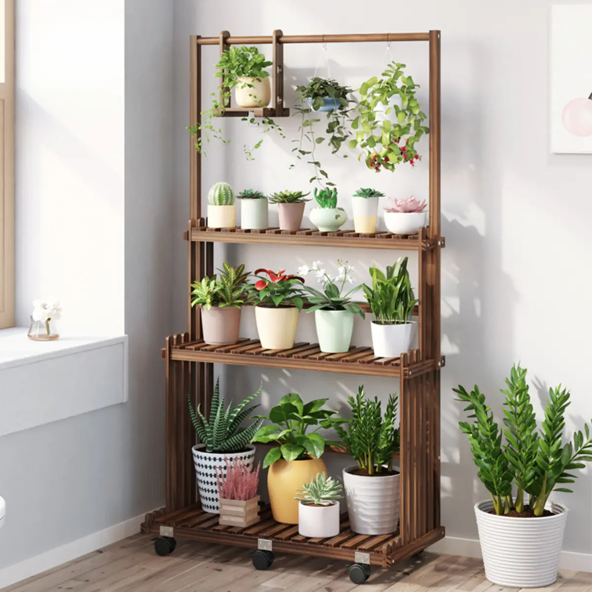 Nordic Brown Wood Rolling Plant Stand