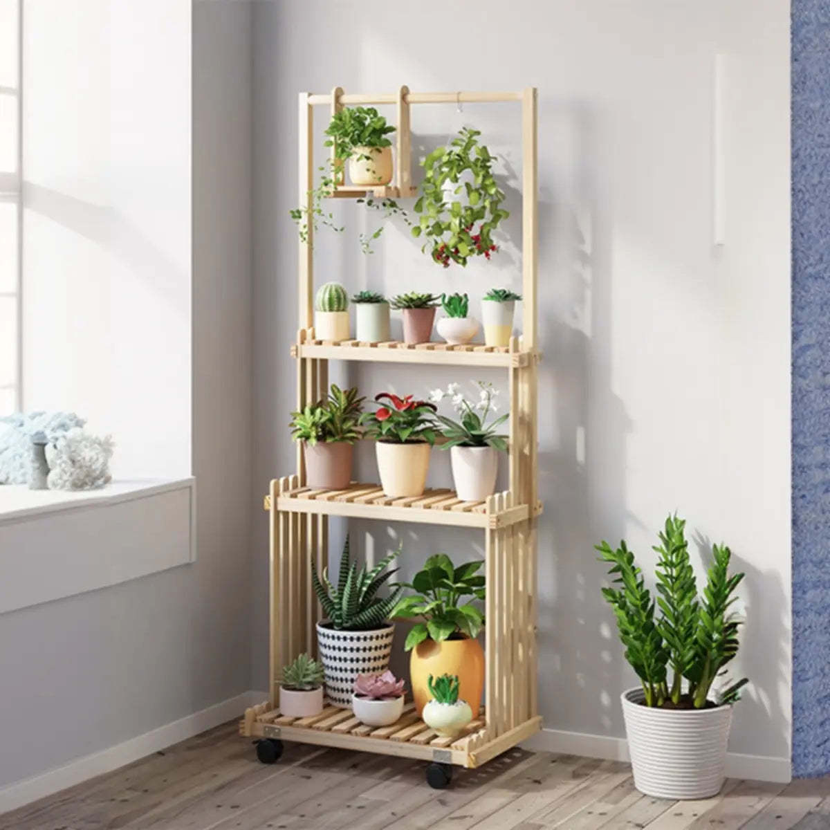 Nordic Brown Wood Rolling Plant Stand — Natural