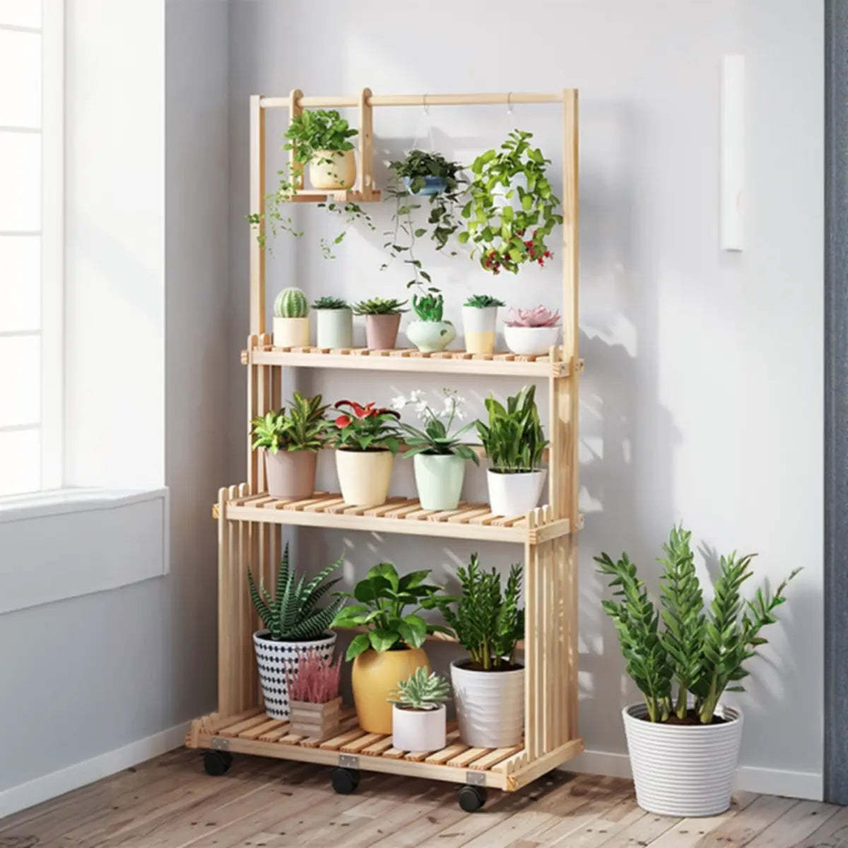 Nordic Brown Wood Rolling Plant Stand — Brown