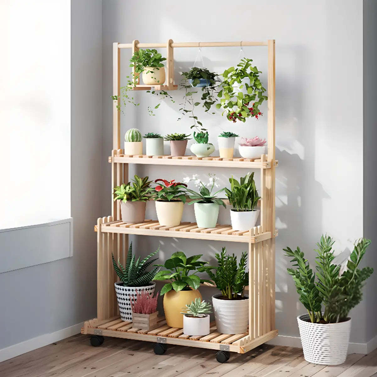 Nordic Brown Wood Rolling Plant Stand — Natural
