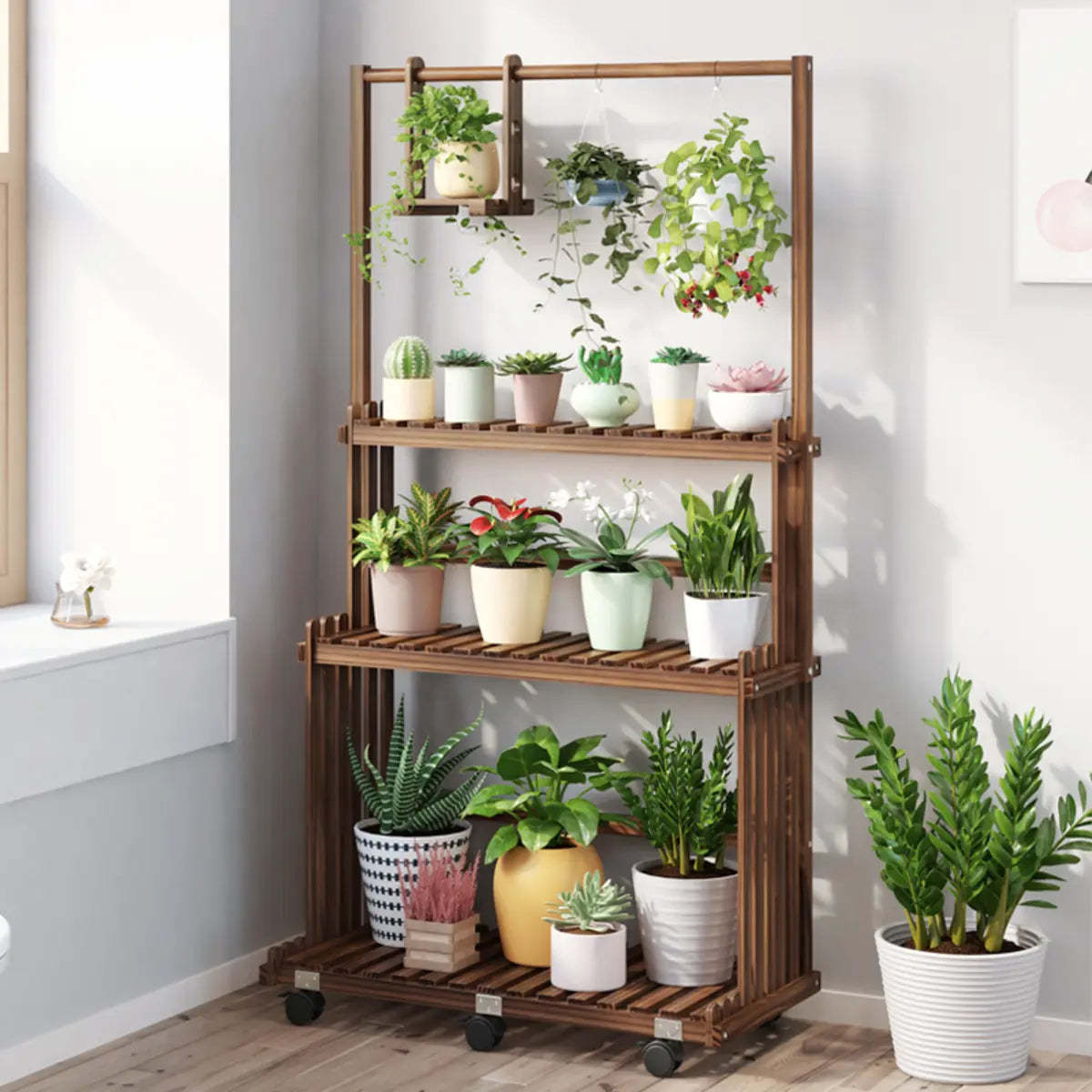Nordic Brown Wood Rolling Plant Stand — Brown
