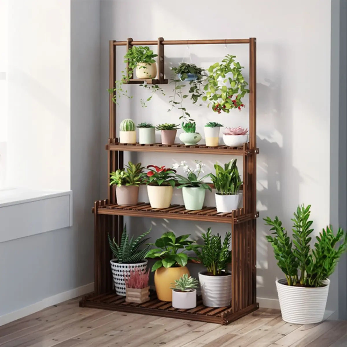 Nordic Brown Wood Rolling Plant Stand — Natural