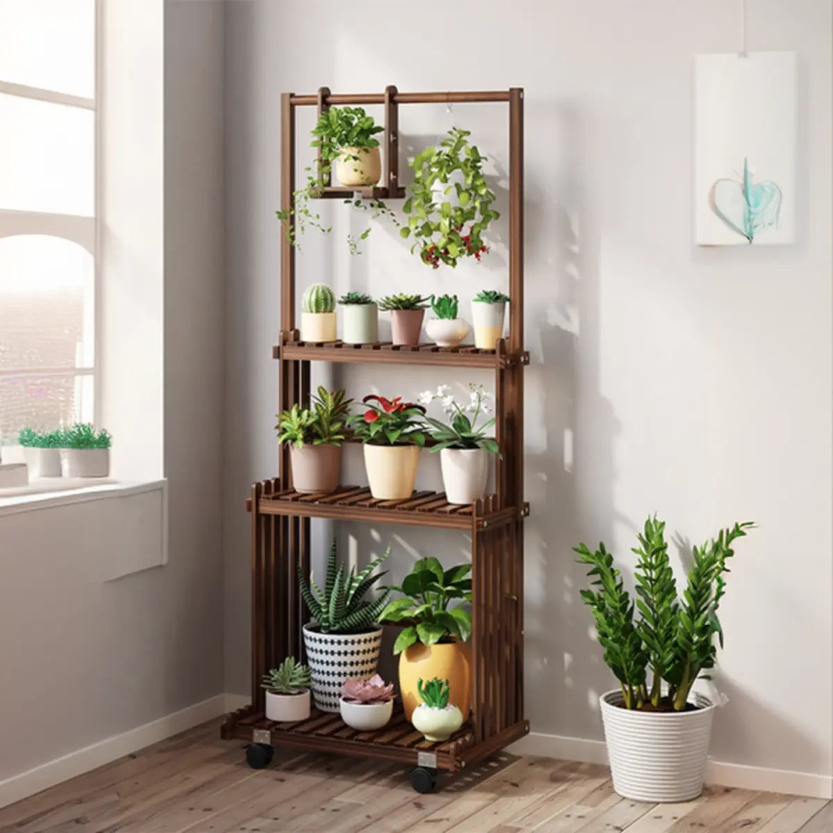 Nordic Brown Wood Rolling Plant Stand — Natural