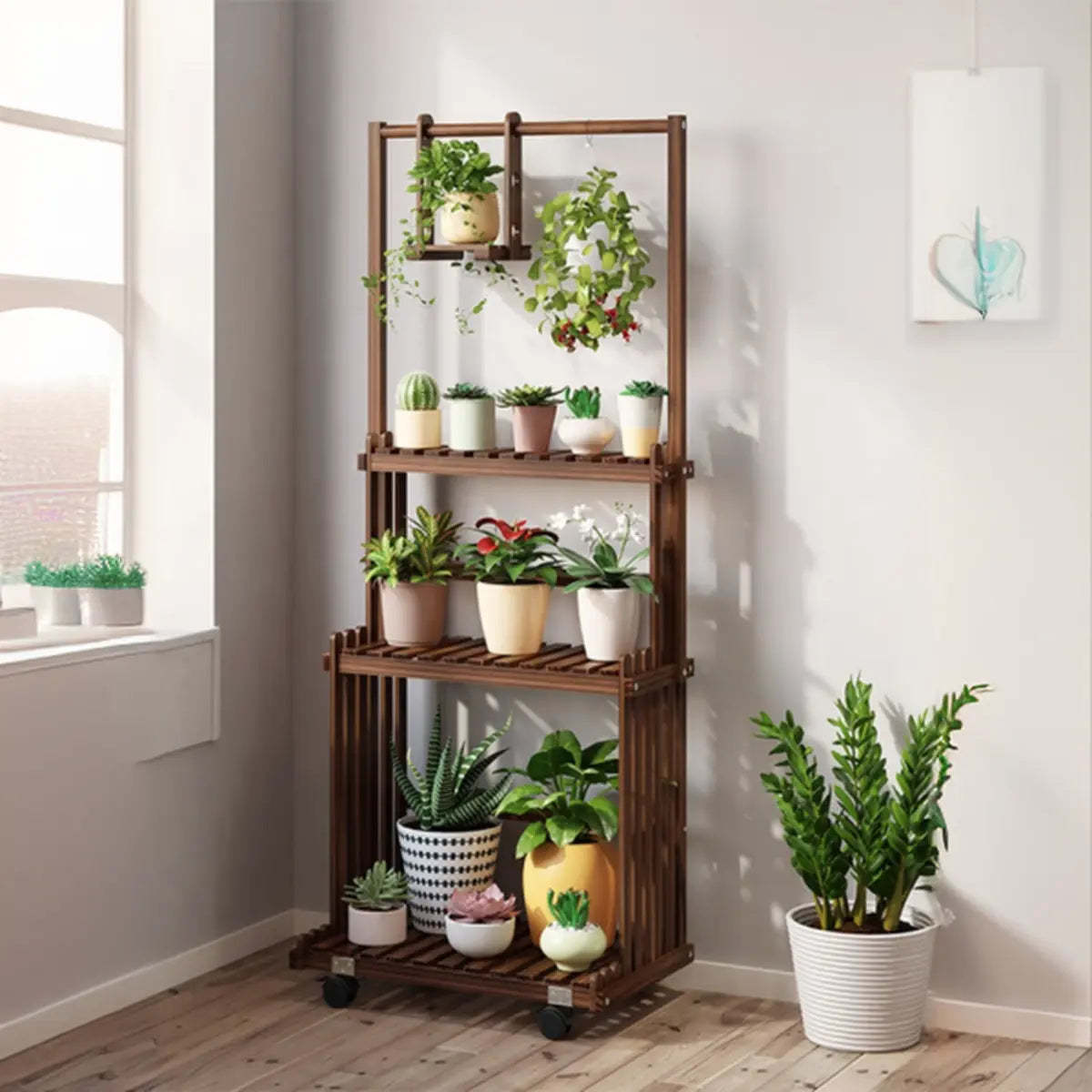 Nordic Brown Wood Rolling Plant Stand — Natural