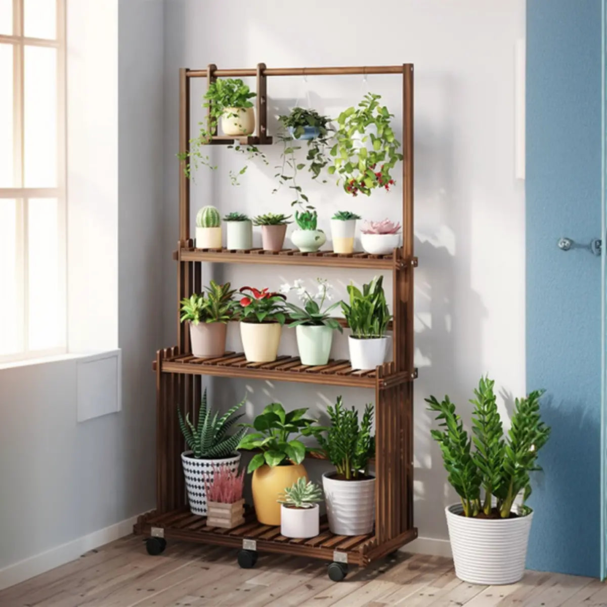 Nordic Brown Wood Rolling Plant Stand — Natural