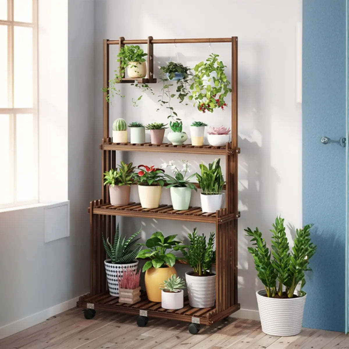 Nordic Brown Wood Rolling Plant Stand — Natural