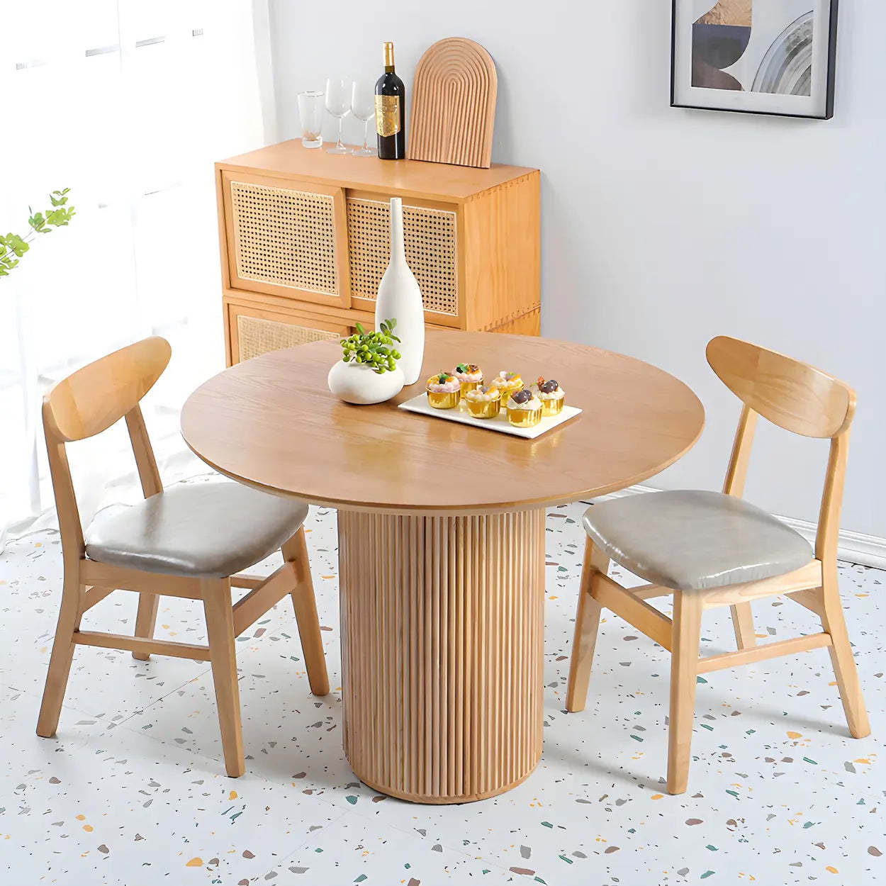 Natural modern pine round dining tables — 29.5" H x 39.4" Dia x 35.5" L
