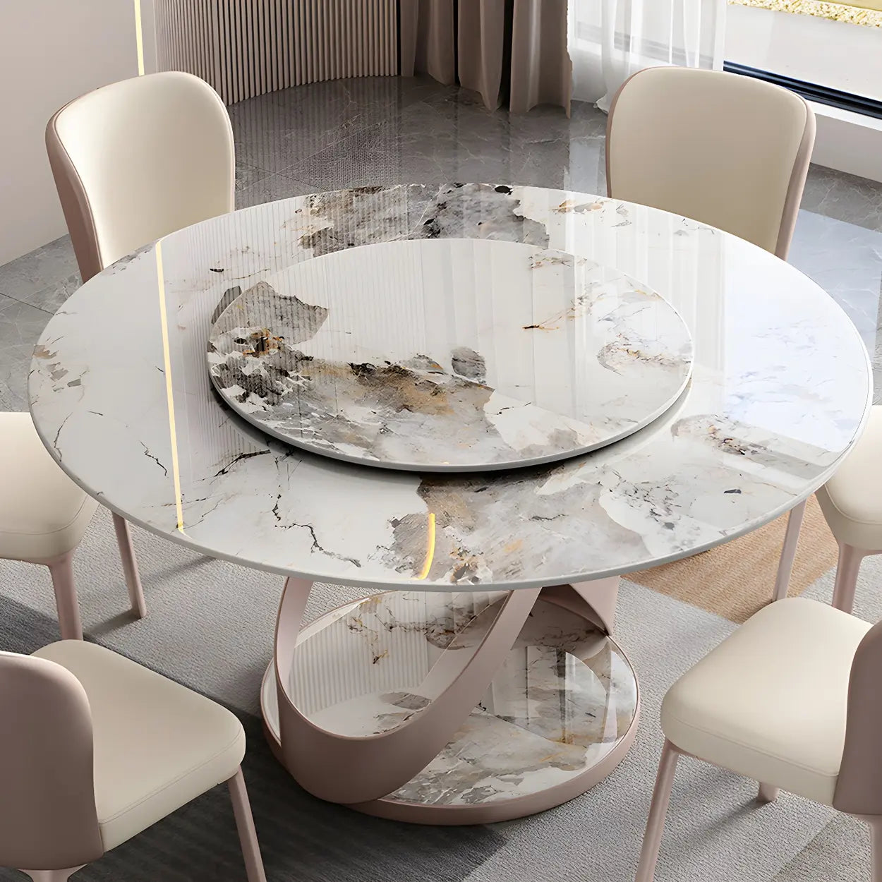 Nordic Round Gray Stone Large Dining Table — Pandora Gold / Table Only