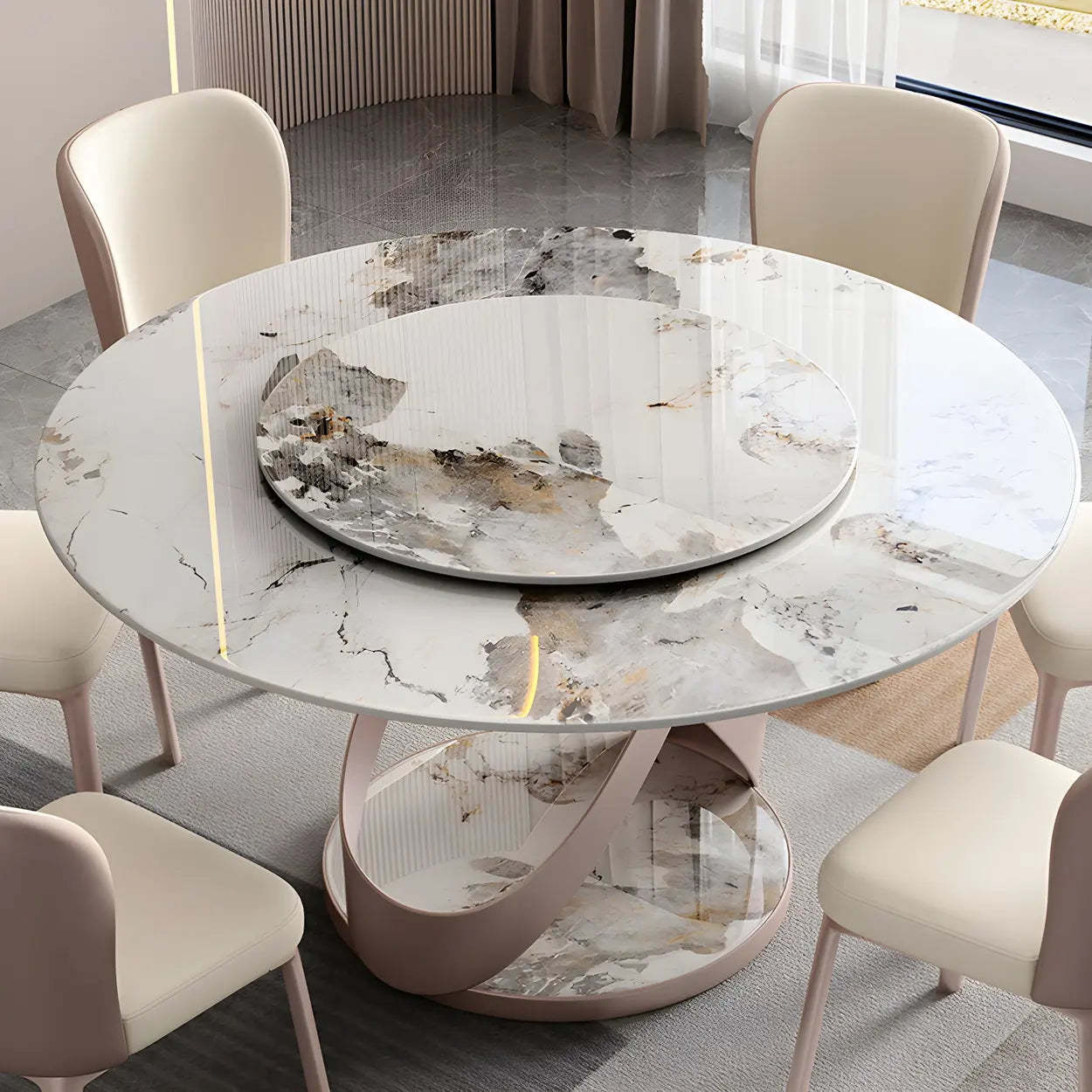 Nordic Round Gray Stone Large Dining Table — Pandora Gold / Table Only