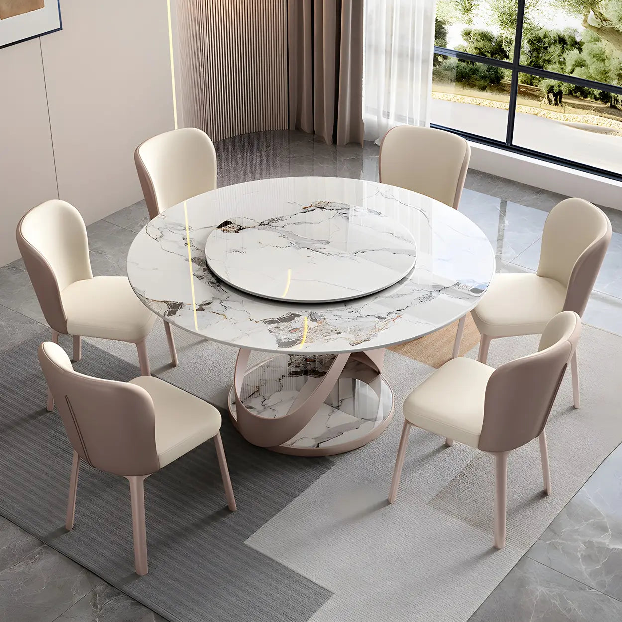 Nordic Round Gray Stone Large Dining Table — White / Table Only