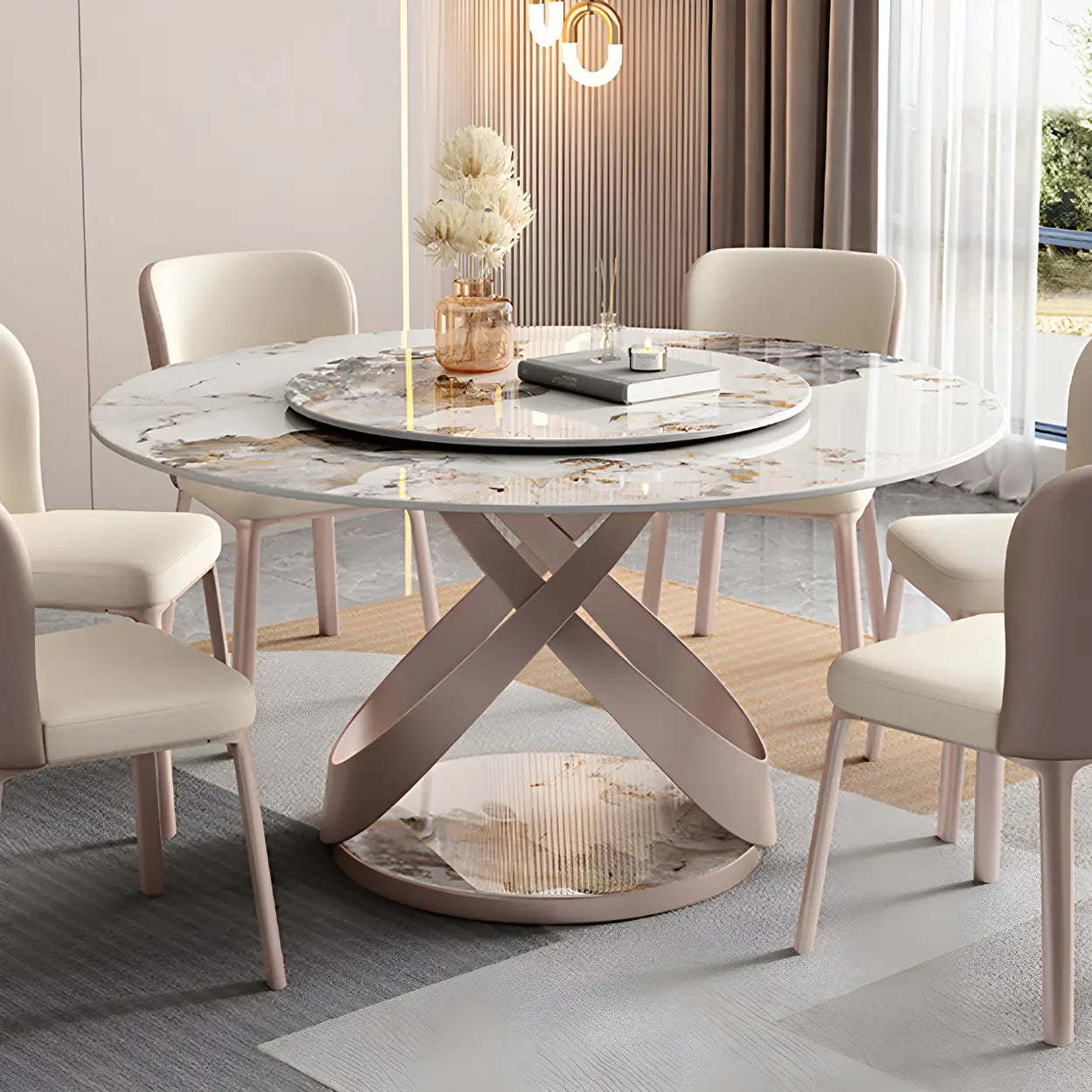 Nordic Round Gray Stone Large Dining Table — Pandora Gold / Table Only