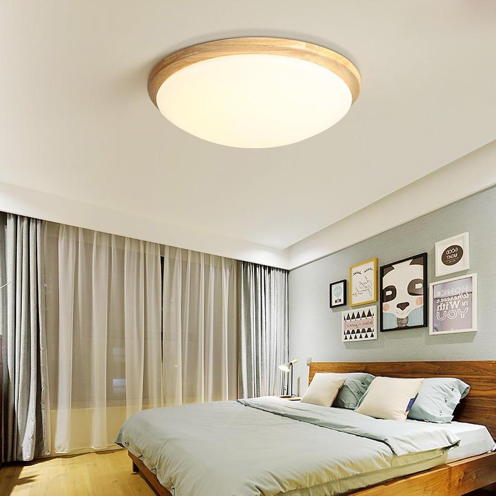 14'' LED Dimmable Wood Flush Mount Light Nordic LED Bamboo Bedroom Ceiling Lights-Lighom