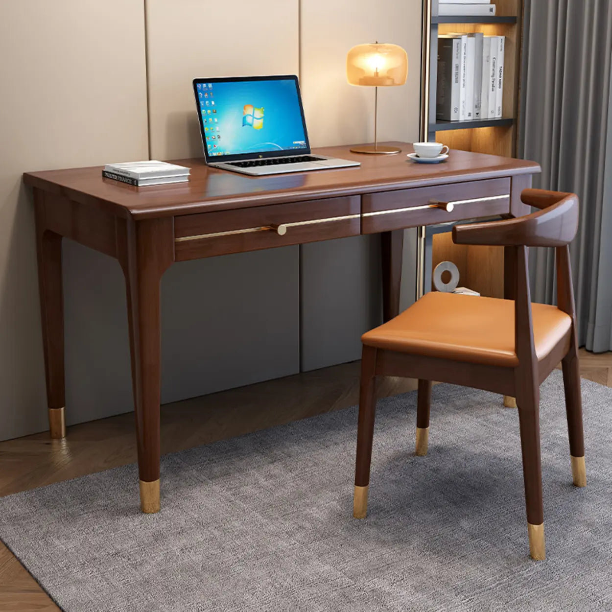 Nut-Brown Butcher Block Soft-Close Computer Desk — Without Chairs / Grey