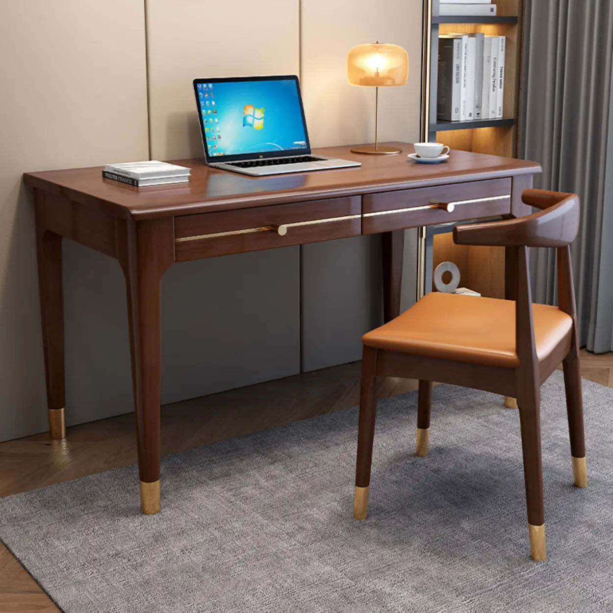 Nut-Brown Butcher Block Soft-Close Computer Desk — Without Chairs / Grey