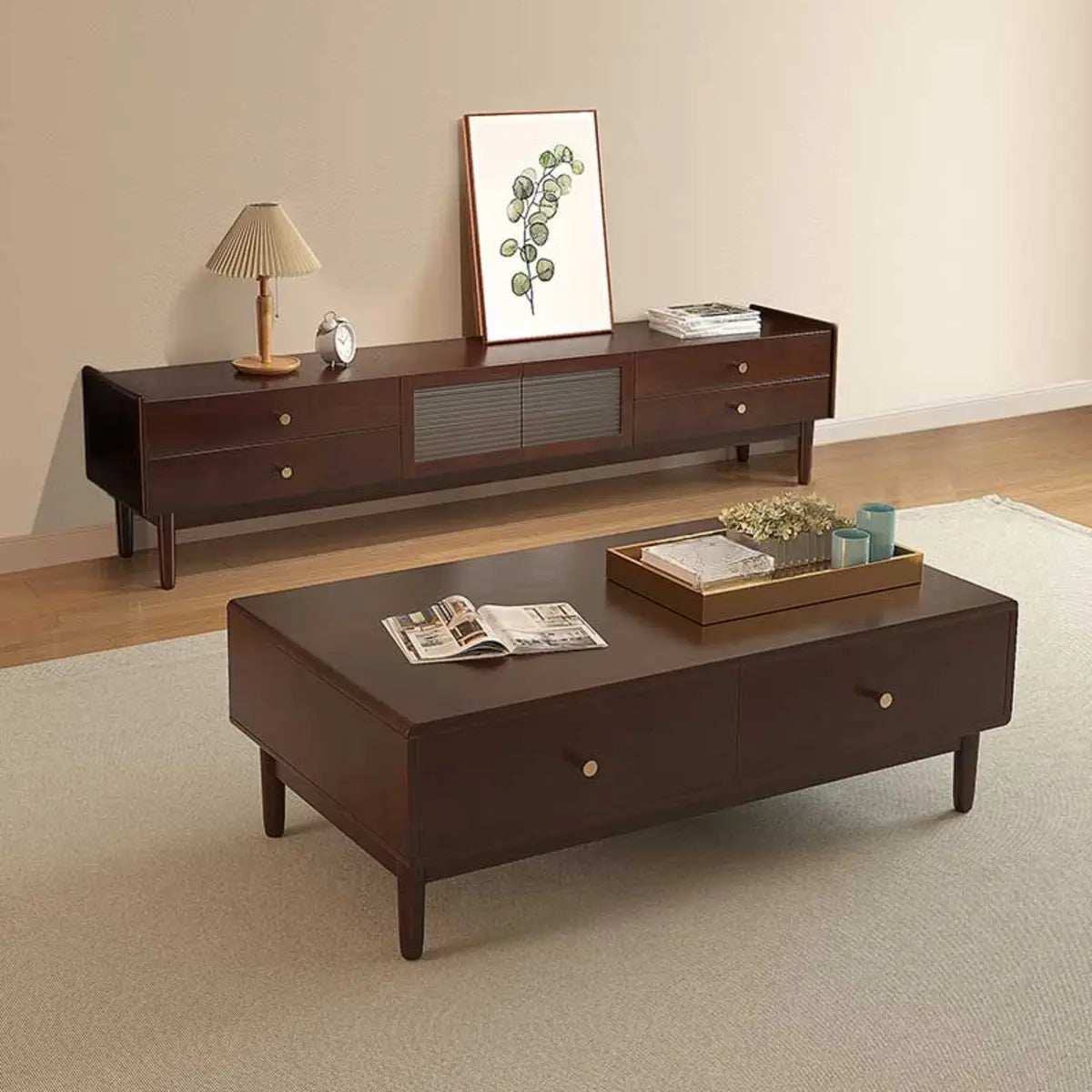 Nut-Brown Oak Medium Wood TV Stand with Storage