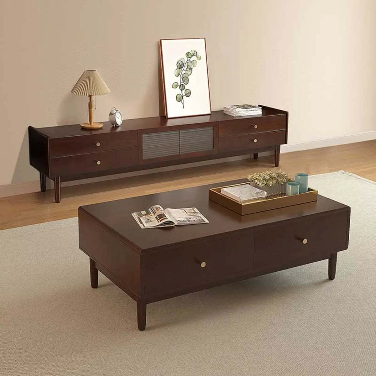 Nut-Brown Oak Medium Wood TV Stand with Storage — Cherry Wood