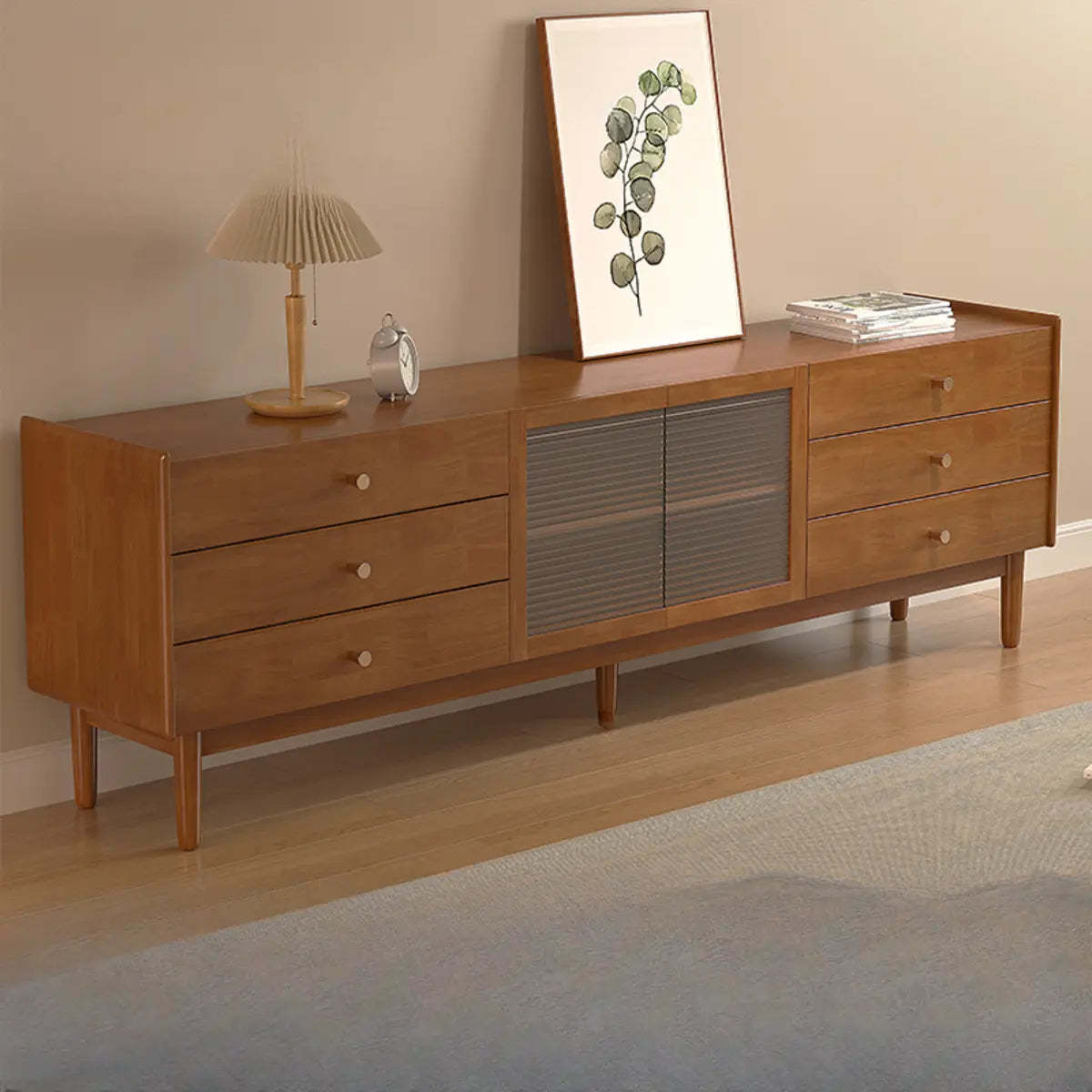 Nut-Brown Oak Medium Wood TV Stand with Storage — Cherry Wood