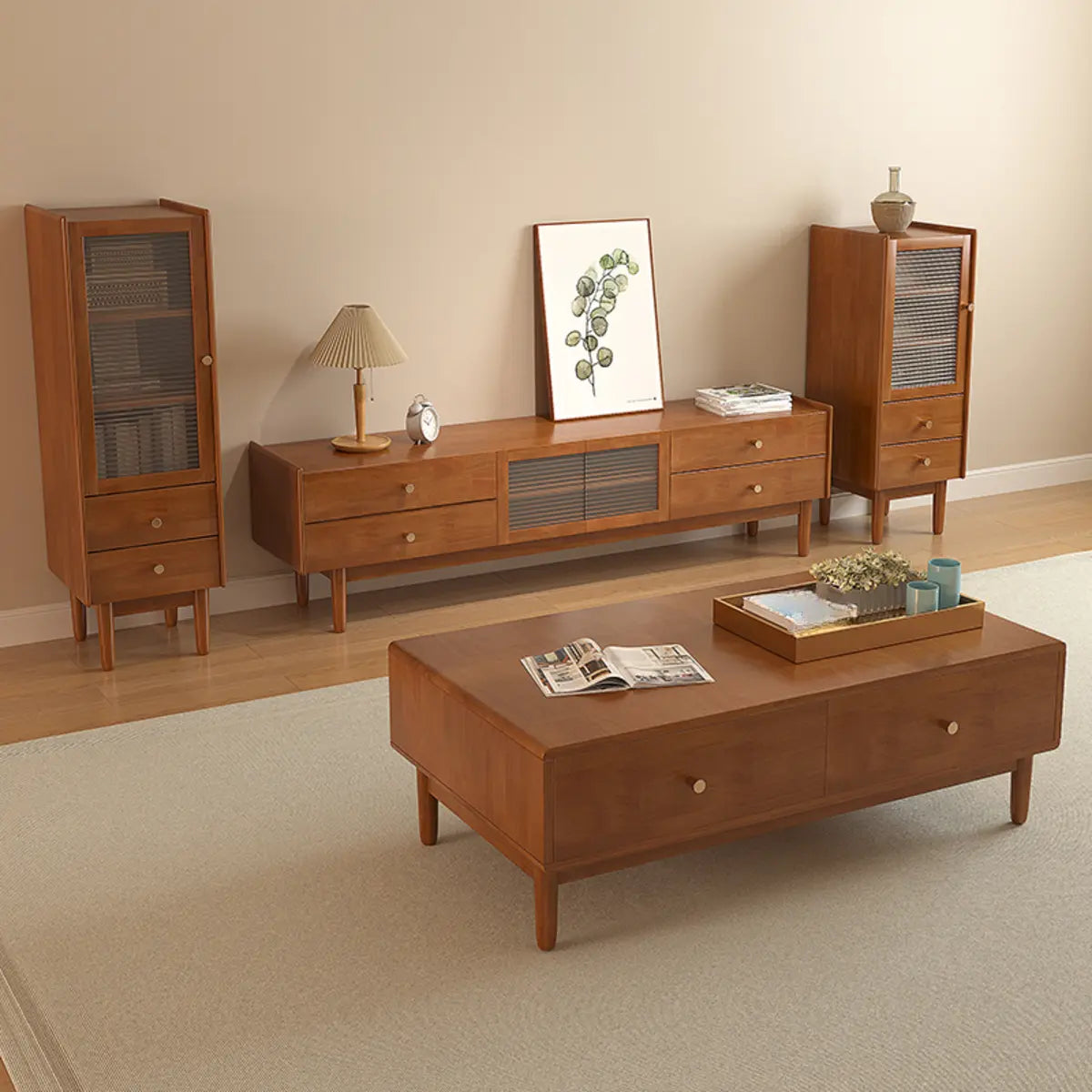 Nut-Brown Oak Medium Wood TV Stand with Storage — Cherry Wood