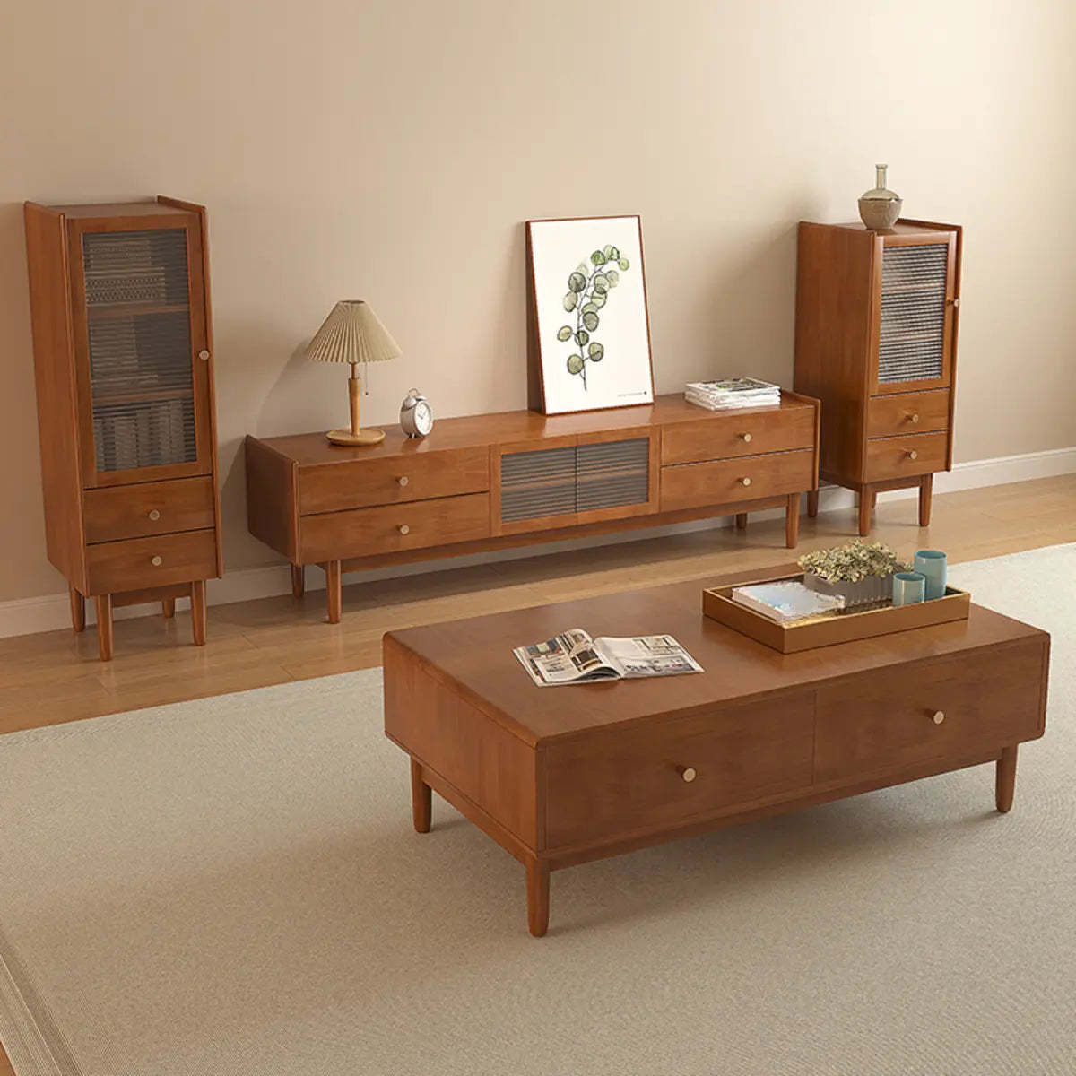 Nut-Brown Oak Medium Wood TV Stand with Storage — Cherry Wood