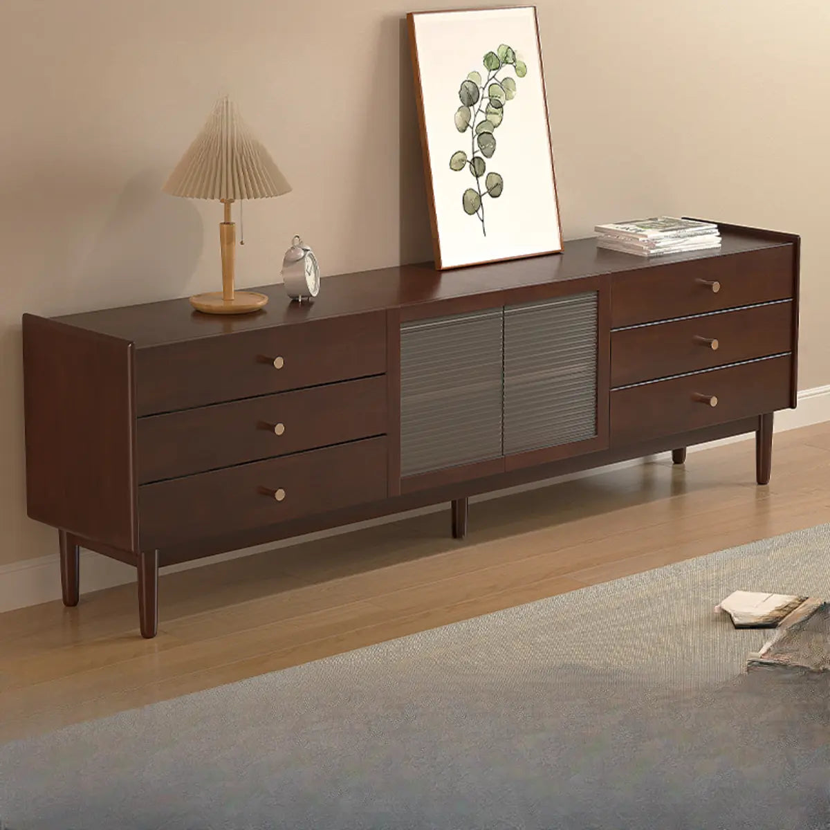 Nut-Brown Oak Medium Wood TV Stand with Storage — Cherry Wood