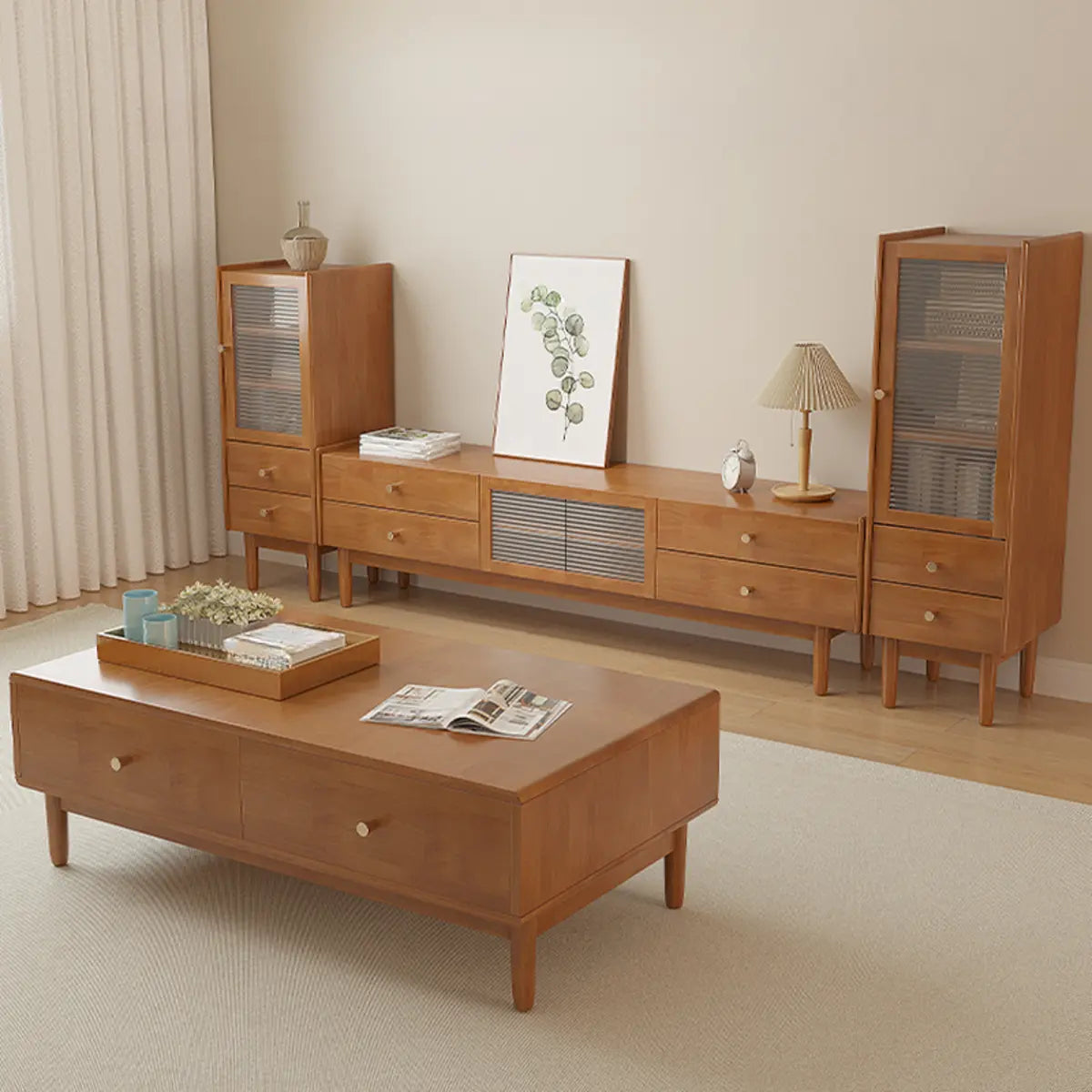 Nut-Brown Oak Medium Wood TV Stand with Storage — Cherry Wood