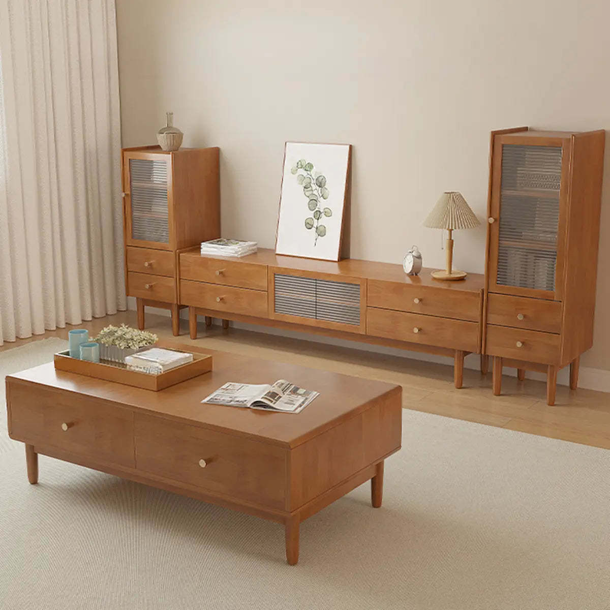 Nut-Brown Oak Medium Wood TV Stand with Storage — Cherry Wood